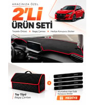 PEUGEOT 208 (2020-2024) Uyumlu Torpido Örtüsü + Tay Tüyü Bagaj Çantası + Sticker Seti - Siyah Kırmızı