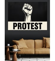 Yumruk "Protest" Yazısı İllüstrasyon Siyah Beyaz Dekoratif Kanvas - Mdf Ahşap Tablo