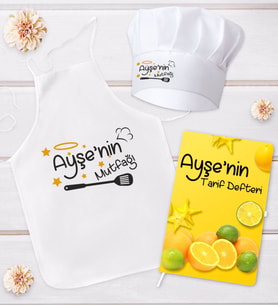 BK Gift Kişiye Özel Mutfak Önlüğü Aşçı Şapkası ve Tarif Defteri Hediye Seti Model 8