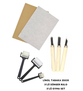 Linol Tabaka Linol Muşamba Levha 2.5 Mm 25x35 Cm 3'lü Sünger Rolo Merdane 3'lü Oyma Set