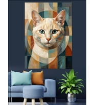 Geometrik Desenli Beyaz Kedi Dekoratif Kanvas - Mdf Ahşap Tablo