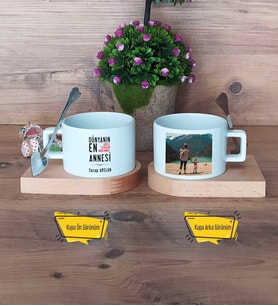Anneler Günü Hediyesi Kupa Bardak Ahşap Altlıklı Kısa Fotoğraflı Anneye Doğum Günü Hediyesi