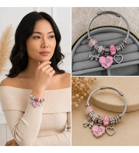 Premium Parlak ve Şık Gümüş Renk Pembe Kalp ve Fiyonk Figürlü Charm Kadın Bijuteri Bileklik (20cm)