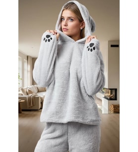 Kadın Kışlık Wellsoft Pijama Takımı Kapüşonlu Boru Paça Rahat Ev Giyim Seti Uzun Ömürlü Modern Stil (Gri)