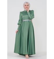 Kuşağı Taşlı Saten Abiye-Mint Yeşili