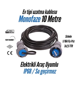 Bemis Elektrikli Araç Uyumlu Seyyar Uzatma Kablosu Monofaze  10 Metre  3x2,5 TTR  IP68 1/16A Fiş – IP68 1/16A Priz