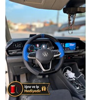 Vw Multivan T7 Dikme Direksiyon Kılıfı Delikli Deri Parlak Siyah Mavi Detay Çift Yüzük ve Dikiş 2021-2026