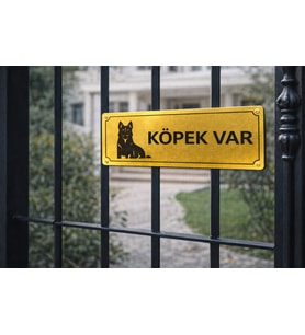 Köpek Var Gold Metal Bahçe Kapı Levhası 7x20 cm – Villa & Müstakil Ev