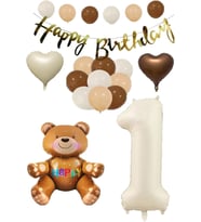 Bırthday Banner Oturan Ayı, Bej Rakam, Kalp Folyo ve Latex Balon Seti Yaş 1