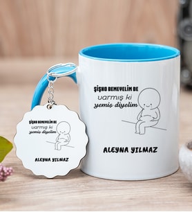 Kişiye Özel Varmış Ki Yemiş Diyelim Esprili Mavi Kupa Bardak ve Anahtarlık