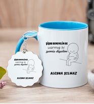 Kişiye Özel Varmış Ki Yemiş Diyelim Esprili Mavi Kupa Bardak ve Anahtarlık