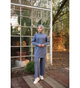 Çarpraz Taş Detaylı O Yaka Sweat-Pantolon İkili Eşofman Spor Takımı - (38-46) - 71215 - İndigo
