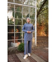 Çarpraz Taş Detaylı O Yaka Sweat-Pantolon İkili Eşofman Spor Takımı - (38-46) - 71215 - İndigo