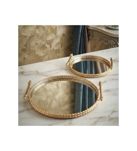 VİNTAGE DEKORATİF JARDİNYER AYNALI GOLD YUVARLAK 2 Lİ TEPSİ