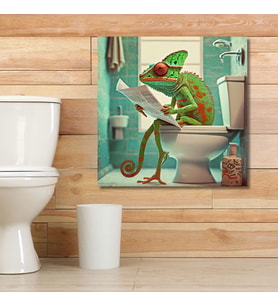 Tekli Kare Kanvas Banyo Tablosu Gazete Okuyan Açık Yeşil Bukalemun