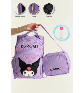 Lila Peluş Kuromi Okul Çantası + Beslenme + Suluk - Kız Sırt Çantası İlkokul Çantası Kuromi Çanta (Çok Renkli)