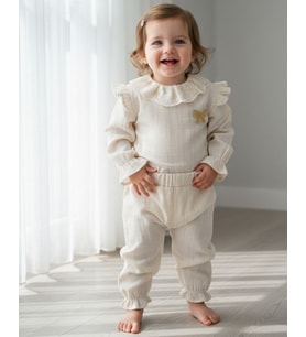 Fiyonk Detaylı Simli Müslin Kız Bebek Üst ve Pantolon İkili Set Takım Babyhola 2006 (Sarı)