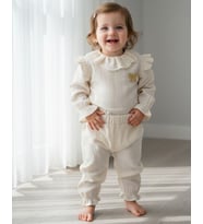 Fiyonk Detaylı Simli Müslin Kız Bebek Üst ve Pantolon İkili Set Takım Babyhola 2006 (Sarı)