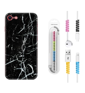 Apple iPhone 5 6 7 8 Plus Se XR Kılıf Kablo Koruma Spiral Silikon Black Marble 3 1382