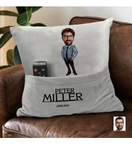BK Gift Kişiye Özel Polis Karikatür Tasarımlı Organizer Kumanda ve Atıştırmalık Cepli Gri Kırlent Yastık-1 Arkadaşa Hediye, Cepli Yastık