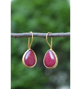 STONEAGE Altın Kaplama Vişne Rengi Jade Taşlı Kadın Küpe