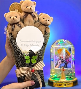 Kişiye Özel Renkli Led Işıklı Biblolu Fanus ve Aynalı Kahverengi Peluş Ayıcık Buketi (Model 5)