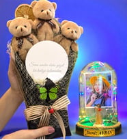Kişiye Özel Renkli Led Işıklı Biblolu Fanus ve Aynalı Kahverengi Peluş Ayıcık Buketi (Model 5)