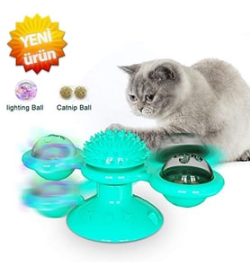 Catnipli Kedi Oyuncağı Kedi Dikkat Oyunu Led Işıklı Dönen Kedi Oyuncağı Vantuzlu Oyuncak (Karışık)
