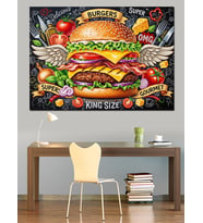 Kanatlı Hamburger Fast Food Dekoratif Kanvas - Mdf Ahşap Tablo