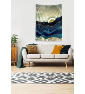 Gold-Mavi Güneşin Doğuşu Sunset Leke Tutmaz Kadife Kumaş Duvar Örtüsü Duvar Halısı Tapestry