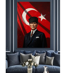 Ay Yıldızlı Bayrak Önünde Atatürk Dekoratif Kanvas - Mdf Ahşap Tablo