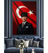 Ay Yıldızlı Bayrak Önünde Atatürk Dekoratif Kanvas - Mdf Ahşap Tablo