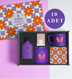 Kadınlar Günü 10’lu Set   Tasarımlı Ahşap Kutuda, Kolonya, Mum, Kahve, Fincan Ve Altlığı