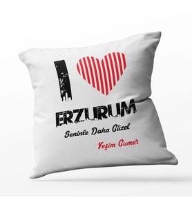 Kişiye Özel Erzurum Seninle Daha Güzel Tema Kare Saten Yastık (Beyaz)