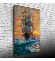 Turuncu ve Mavi Tonlarda Yelkenli Kadırga Kanvas Tablo 50 x 70