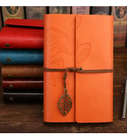 Mobgift Yaprak Tasarımlı Retro Deri Defter + Kalem Hediyeli (Turuncu)