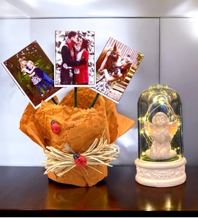 Size Özel 3 Fotoğraflı TURUNCU Saksı ve Led Işıklı Beyaz Melekli Fanus Seti