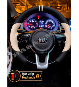 Kia Rio Dikme Direksiyon Kılıfı Delikli Deri Parlak Siyah Bej Detay Çift Yüzük ve Dikiş 2017-2023