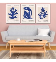 Henri Matisse 3'lü Kanvas Tablo Seti - Saks Mavisi Soyut Yaprak Ve Figür Tasarımlı Modern Duvar Tablosu Seti