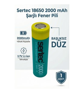 Sertec 18650 Şarjlı Pil 2000mAh Fener Pili 3.7V Li-ion Başlıksız Düz