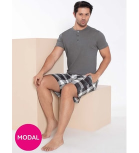 Erkek Bisiklet Yaka 3 Düğmeli Ekose Desen Modal Kısa Kol Cepli Şortlu Pijama Takımı (Gri)