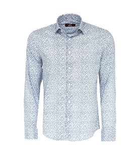 Beyaz Üzerine Mavi Çiçek Desenli Slim Fit Gömlek - Wessi