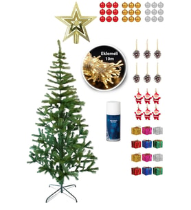 55 Parça Yılbaşı Seti 180 Cm Yılbaşı Çam Ağacı + Eklemeli 10 Metre Led + Kar Spreyi + Ağaç Süsü Set (Yeşil)