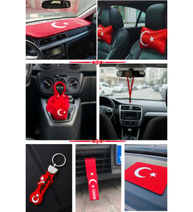 Türk Bayraklı Ayyıldız Desenli Torpido Üstü Koruyucu Pelüş Halı & Araç Oto Aksesuar Seti (Kırmızı)