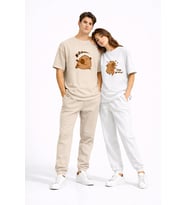 Sevgili Kombini Eğlenceli Baskılı Çift Tişört Oversize Unisex Partner Tişört 2’li Set (Bej)