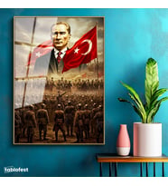 Altın Renk Metal Çerçeveli Tamperli Cam Tablo Atatürk Kurtuluş Savaşı Ordu Bayrak Atatürk Tablosu Duvar Dekoru