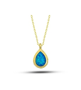 Gümüş Gold Damla Mavi Opal Taşlı Kadın Kolye CSR2181282