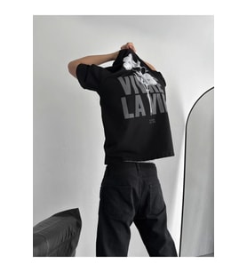 Baskılı Oversize Bisiklet Yaka T-shirt - Siyah