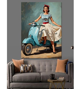 Mavi Scooterlı Retro Kadın Figürü Dekoratif Kanvas - Mdf Ahşap Tablo