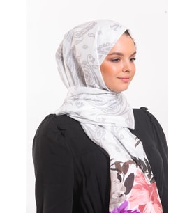 Çiçekli Desen Pavia Seri Şal Eşarp Askısı ile Birlikte 90X200 cm Beyaz Gri -90X2